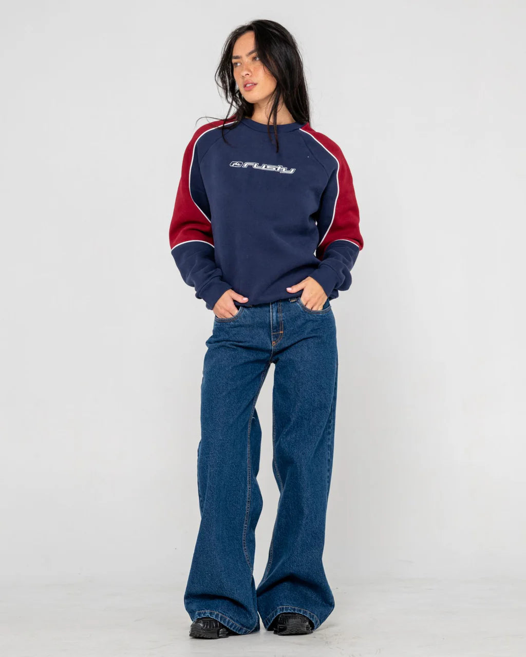 RUSTY WENDY WIDE LOW RISE JEAN WOMENS BAGGY DENIM STREETWEAR DEEP SEA BLUE