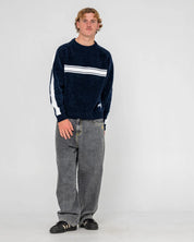 RUSTY WHITE LINES CHENILLE CREW KNIT MENS JUMPER DARK BLUE