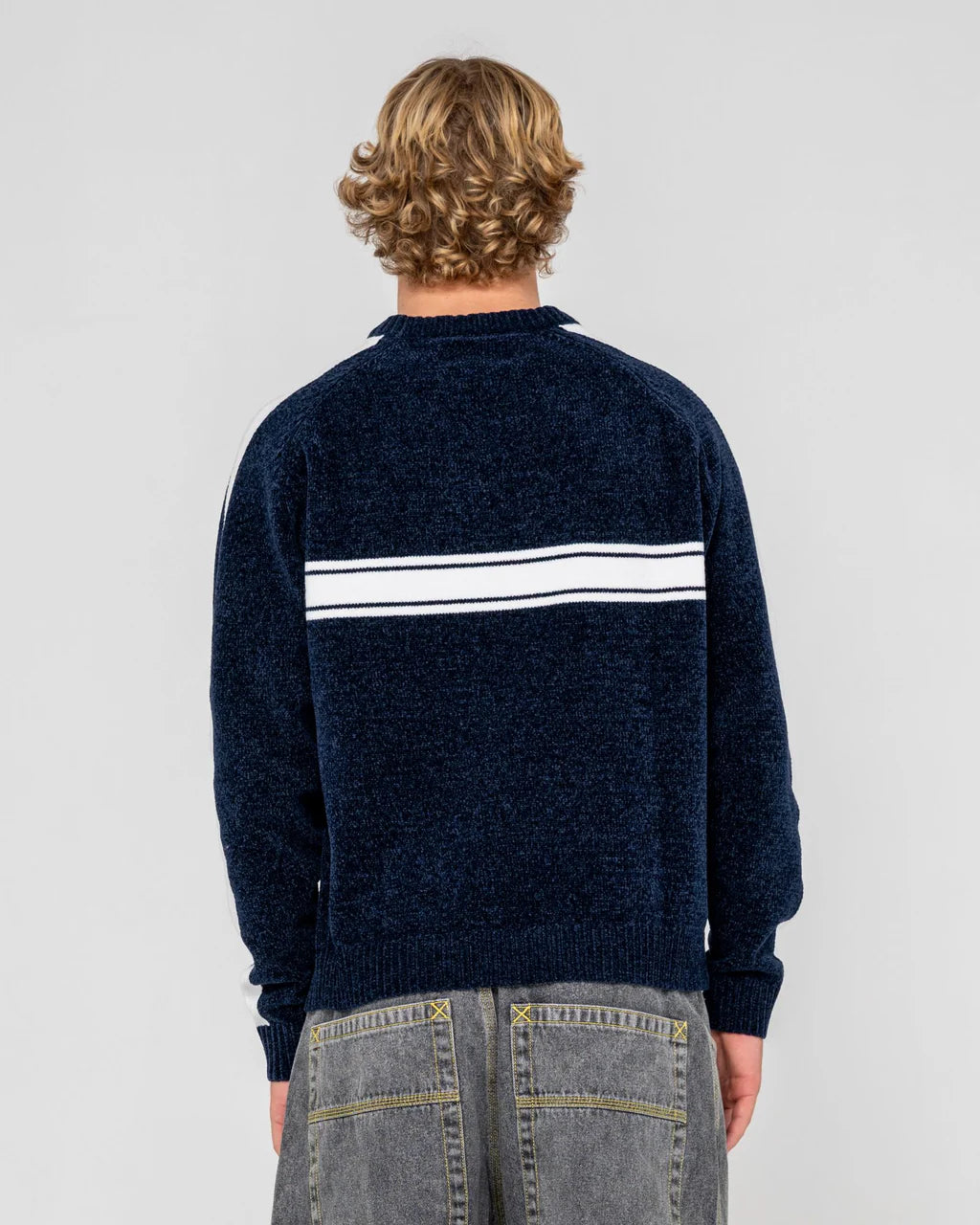 RUSTY WHITE LINES CHENILLE CREW KNIT MENS JUMPER DARK BLUE