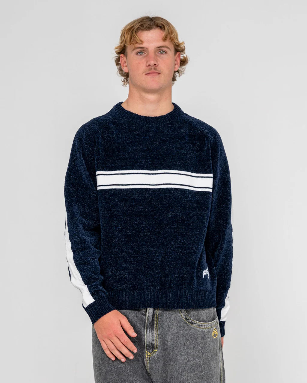 RUSTY WHITE LINES CHENILLE CREW KNIT MENS JUMPER DARK BLUE