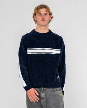 RUSTY WHITE LINES CHENILLE CREW KNIT MENS JUMPER DARK BLUE