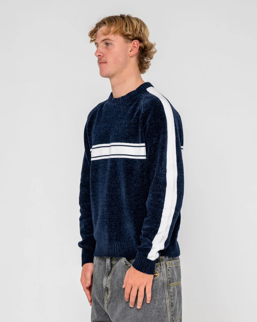 RUSTY WHITE LINES CHENILLE CREW KNIT MENS JUMPER DARK BLUE