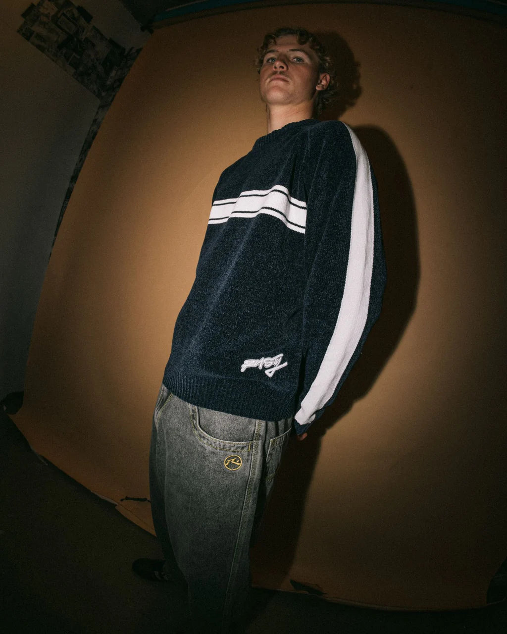 RUSTY WHITE LINES CHENILLE CREW KNIT MENS JUMPER DARK BLUE