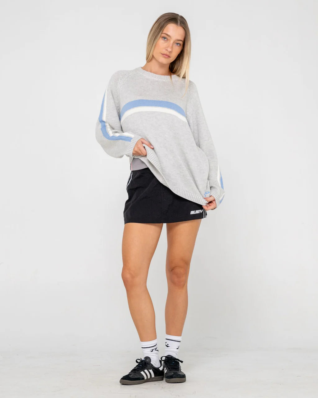 RUSTY WHITE LINES CREW NECK KNIT WOMENS OVERSIZED SWEATER GREY MARLE BLUE
