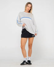RUSTY WHITE LINES CREW NECK KNIT WOMENS OVERSIZED SWEATER GREY MARLE BLUE