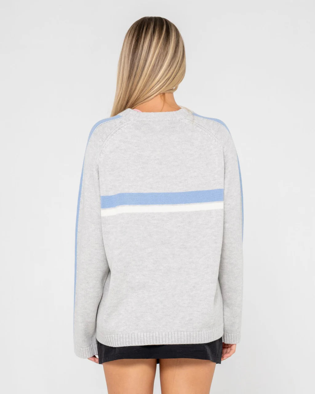 RUSTY WHITE LINES CREW NECK KNIT WOMENS OVERSIZED SWEATER GREY MARLE BLUE