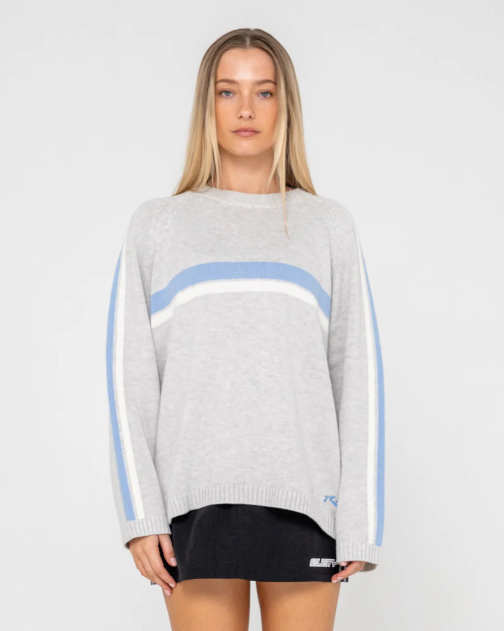 RUSTY WHITE LINES CREW NECK KNIT WOMENS OVERSIZED SWEATER GREY MARLE BLUE