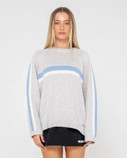 RUSTY WHITE LINES CREW NECK KNIT WOMENS OVERSIZED SWEATER GREY MARLE BLUE
