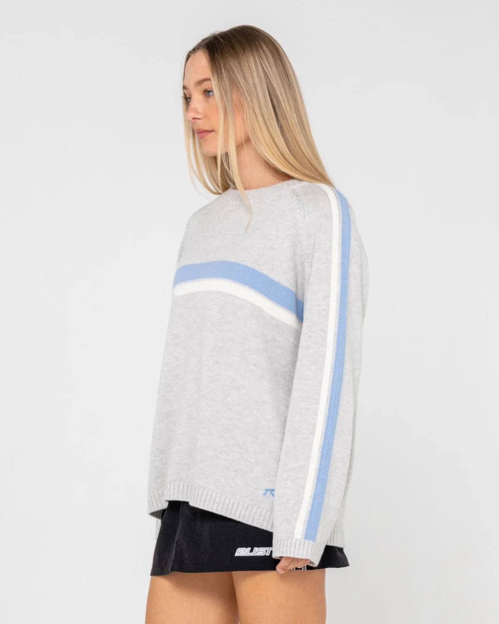 RUSTY WHITE LINES CREW NECK KNIT WOMENS OVERSIZED SWEATER GREY MARLE BLUE