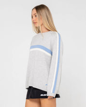 RUSTY WHITE LINES CREW NECK KNIT WOMENS OVERSIZED SWEATER GREY MARLE BLUE