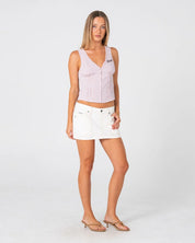 RUSTY WORK IT LOW RISE MINI DENIM SKIRT – SNOWY WHITE