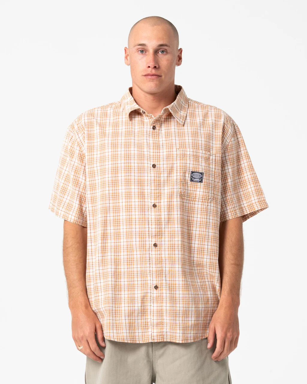 RUSTY WORLDWIDE OVERSIZED CHECK SHIRT – MENS RELAXED CASUAL CHECK SHIRT TOBACCO