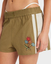 RVCA MEL G ELASTIC WAIST SHORTS – WOMENS RELAXED LINEN BLEND ART SHORTS OLIVE