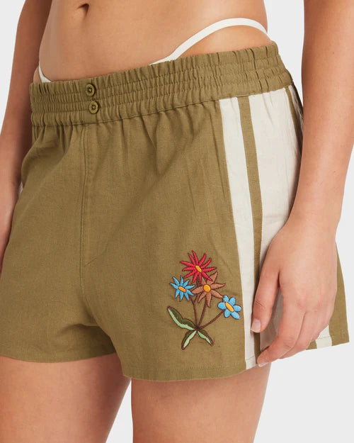 RVCA MEL G ELASTIC WAIST SHORTS – WOMENS RELAXED LINEN BLEND ART SHORTS OLIVE
