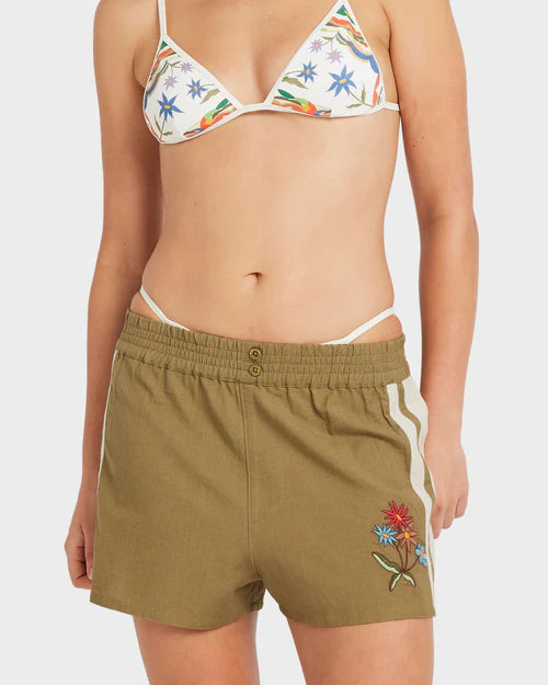 RVCA MEL G ELASTIC WAIST SHORTS – WOMENS RELAXED LINEN BLEND ART SHORTS OLIVE