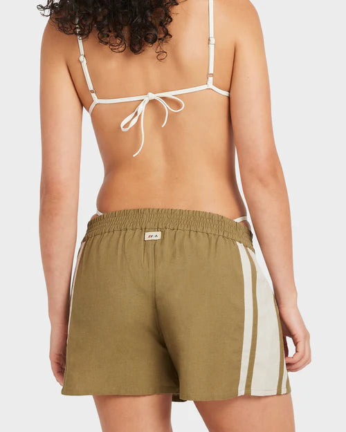 RVCA MEL G ELASTIC WAIST SHORTS – WOMENS RELAXED LINEN BLEND ART SHORTS OLIVE