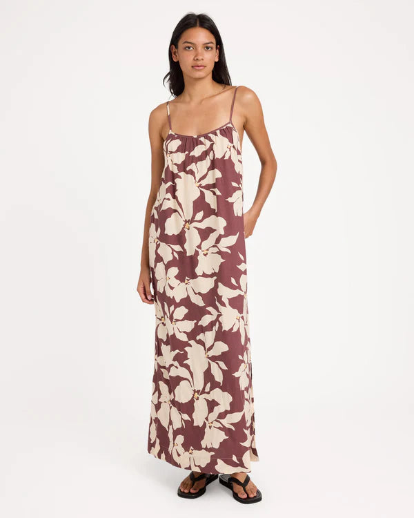 RVCA WOMENS RHI MAXI DRESS TERRA BROWN COASTAL SUMMER LIFESTYLE DRESS