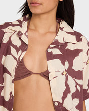 RVCA WOMENS RHI OVERSHIRT SHORT SLEEVE SHIRT TERRA BROWN COASTAL LAYER