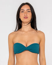 RUSTY SANDALWOOD BANDEAU BIKINI TOP STRAPLESS SURF SWIM DEEP TEAL