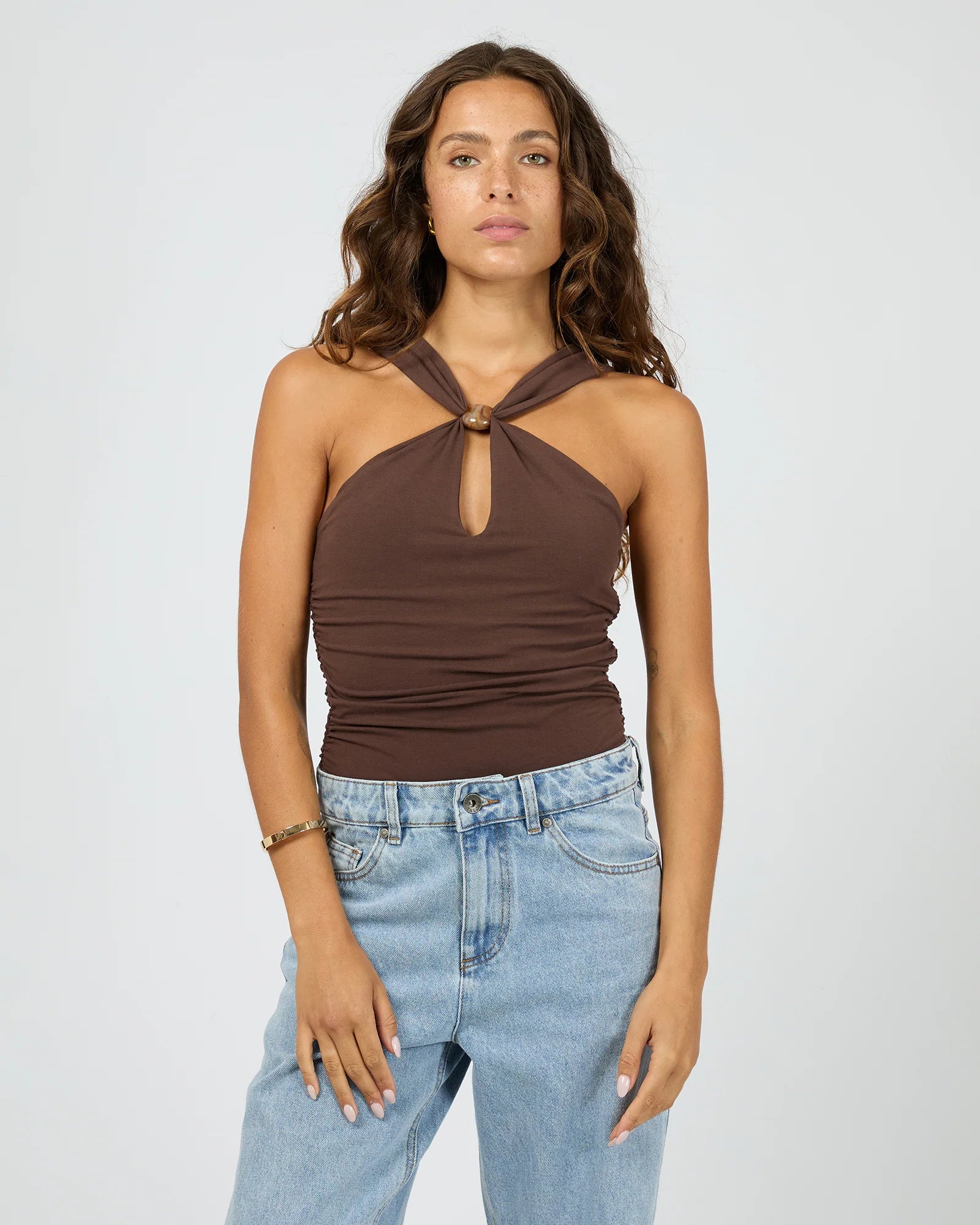 SILENT THEORY ATLAS HALTER BODYSUIT WOMENS FITTED GOING OUT TOP – CHOCOLATE