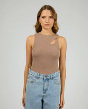 SILENT THEORY BLAKE RIB TOP WOMENS FITTED TWIST STRAP TOP BROWN
