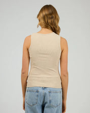 SILENT THEORY BLAKE RIB TOP WOMENS FITTED TWIST STRAP TOP OAT