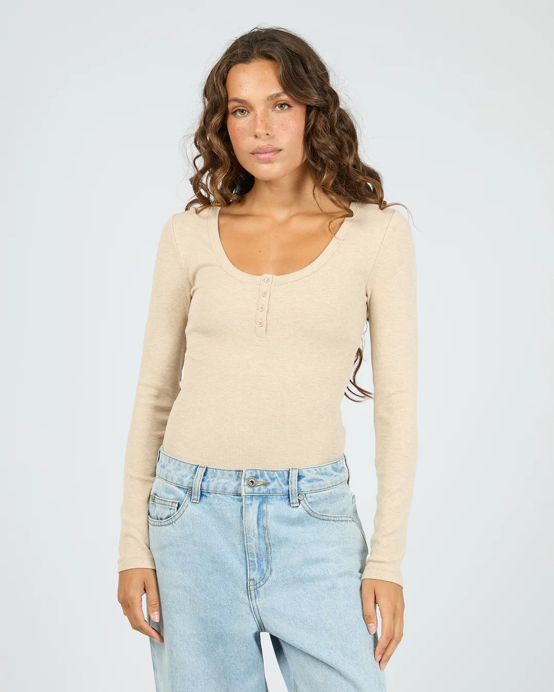 SILENT THEORY SIA RIB LONG SLEEVE TOP WOMENS BUTTON FRONT TOP OAT