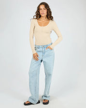 SILENT THEORY SIA RIB LONG SLEEVE TOP WOMENS BUTTON FRONT TOP OAT
