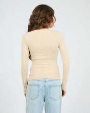 SILENT THEORY SIA RIB LONG SLEEVE TOP WOMENS BUTTON FRONT TOP OAT