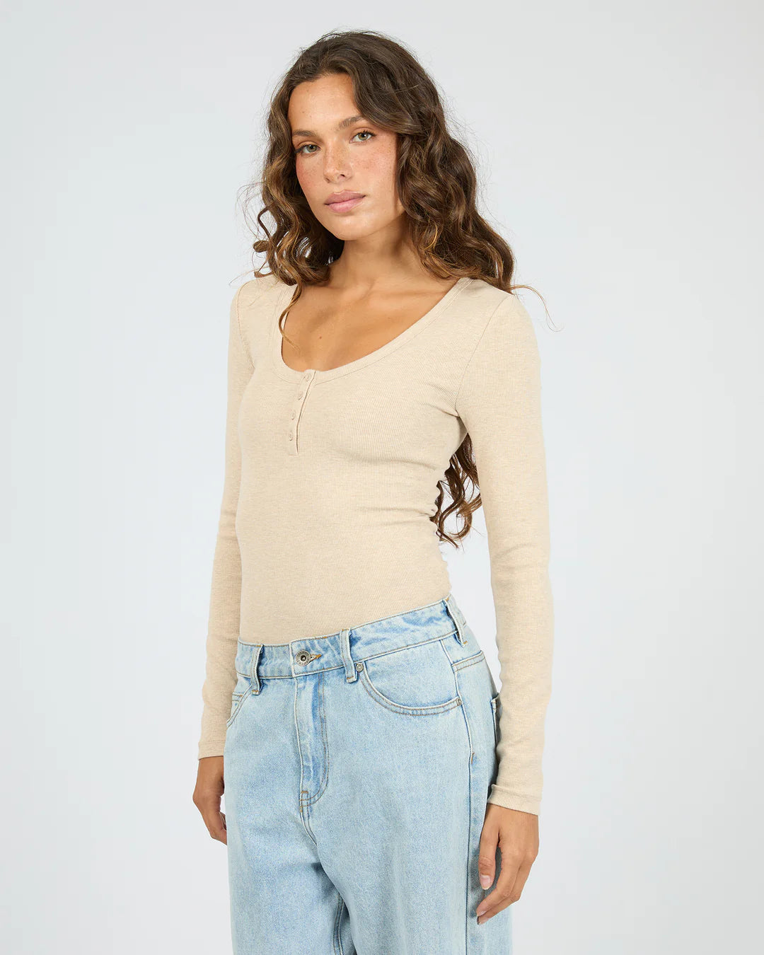SILENT THEORY SIA RIB LONG SLEEVE TOP WOMENS BUTTON FRONT TOP OAT