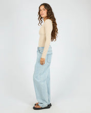 SILENT THEORY SIA RIB LONG SLEEVE TOP WOMENS BUTTON FRONT TOP OAT
