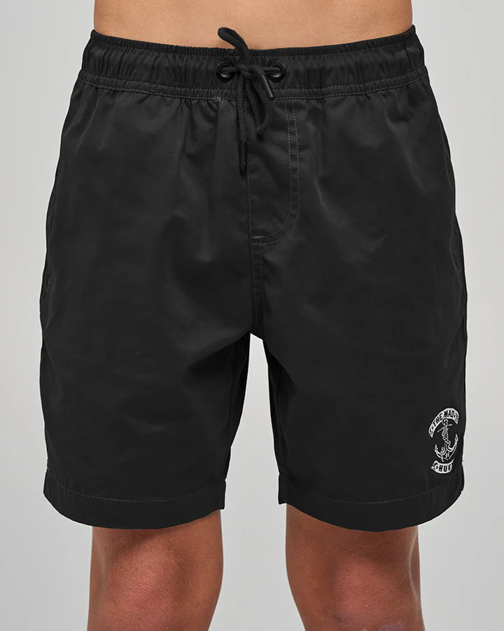 THE MAD HUEYS SKULL ANCHOR YOUTH 16 INCH VOLLEY SHORTS BLACK KIDS SURF SHORTS