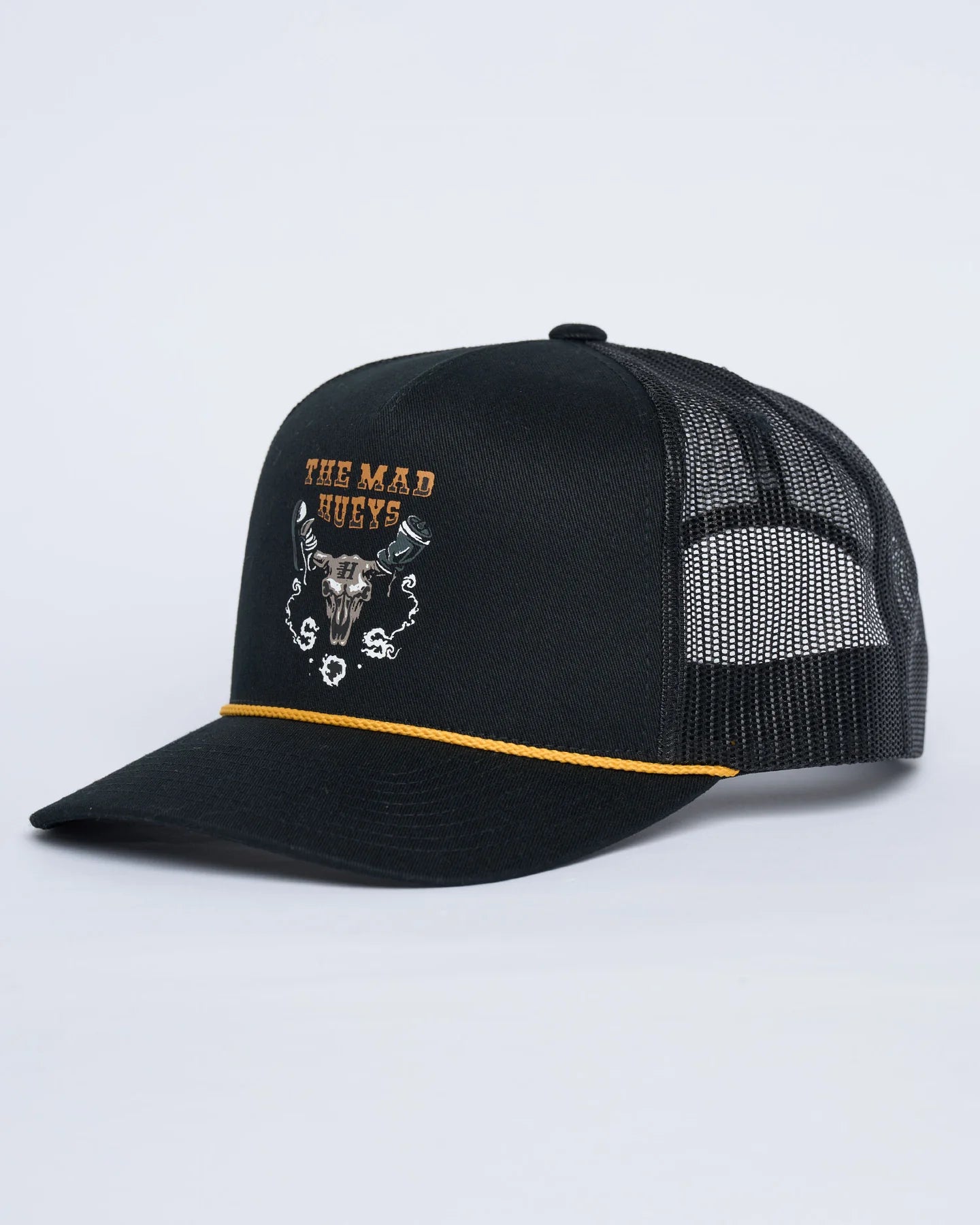 THE MAD HUEYS SOS TWILL TRUCKER CAP MEN’S MESH SNAPBACK HAT BLACK