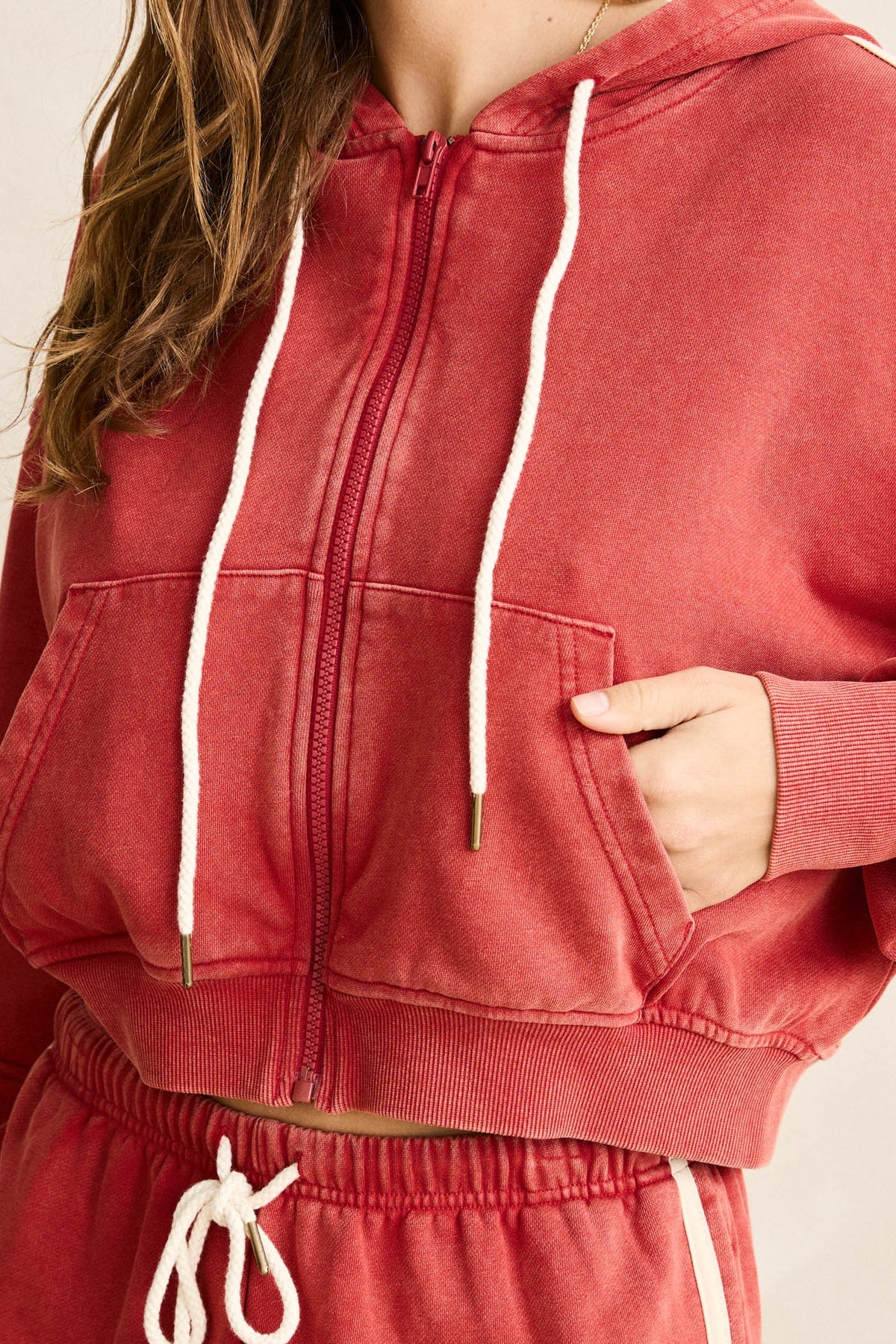 RHYTHM SUN WASH TERRY FULL ZIP HOODIE WOMENS WASHED RED