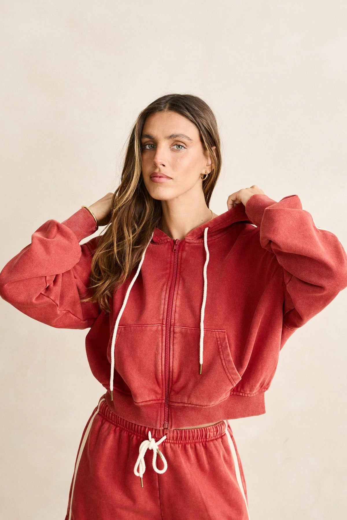 RHYTHM SUN WASH TERRY FULL ZIP HOODIE WOMENS WASHED RED