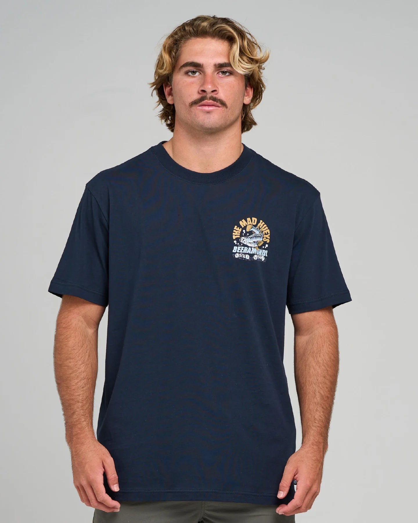 THE MAD HUEYS BEERAMUNDI SS TEE MENS GRAPHIC TSHIRT NAVY