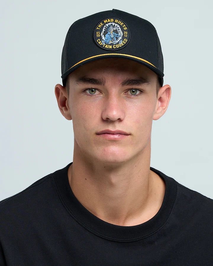 THE MAD HUEYS CAPTAIN COOKED JAWS MENS TRUCKER CAP SNAPBACK FISHING BLACK