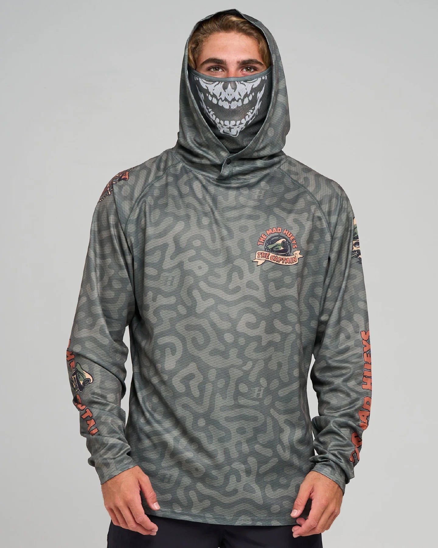 THE MAD HUEYS CAPTAIN TWO FACED UPF 50 HOODED FISHING JERSEY MENS OLIVE