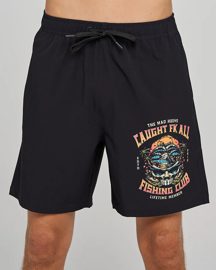 THE MAD HUEYS CAUGHT FK ALL SKULL MENS 18 INCH BOAT VOLLEY SHORT FISHING BLACK