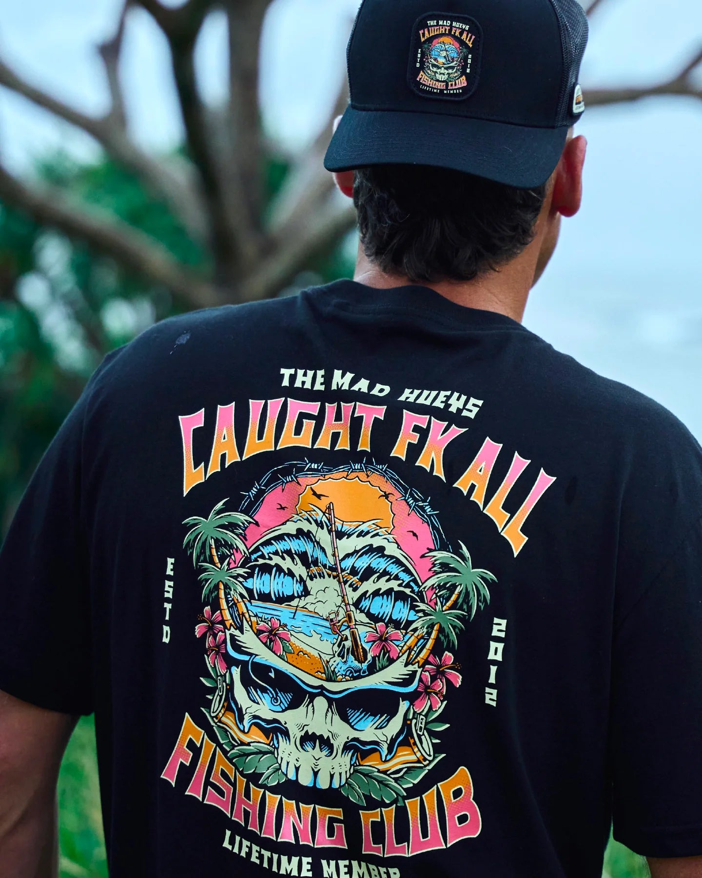 THE MAD HUEYS CAUGHT FK ALL SKULL MENS SHORT SLEEVE T SHIRT GRAPHIC TEE BLACK