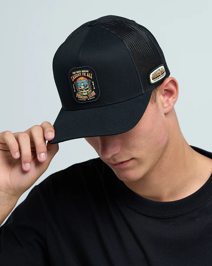 THE MAD HUEYS CAUGHT FK ALL SKULL MENS TRUCKER CAP SNAPBACK FISHING BLACK