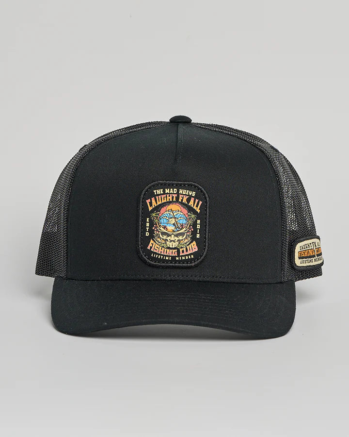 THE MAD HUEYS CAUGHT FK ALL SKULL MENS TRUCKER CAP SNAPBACK FISHING BLACK
