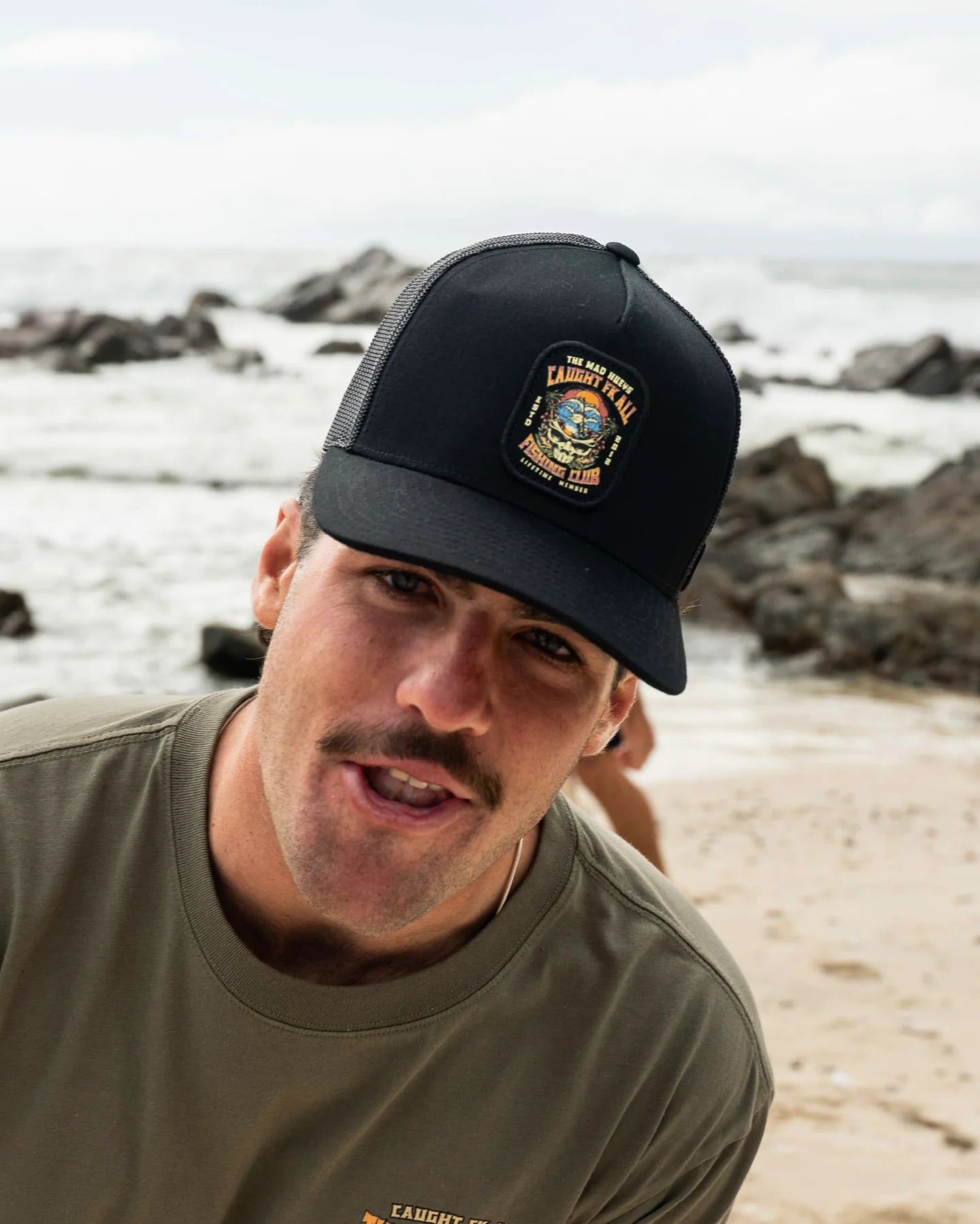 THE MAD HUEYS CAUGHT FK ALL SKULL MENS TRUCKER CAP SNAPBACK FISHING BLACK