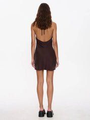 CELESTE BIAS HALTER MINI DRESS - POSTAL BROWN