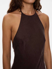 CELESTE BIAS HALTER MINI DRESS - POSTAL BROWN