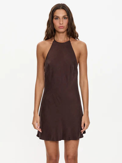 CELESTE BIAS HALTER MINI DRESS - POSTAL BROWN