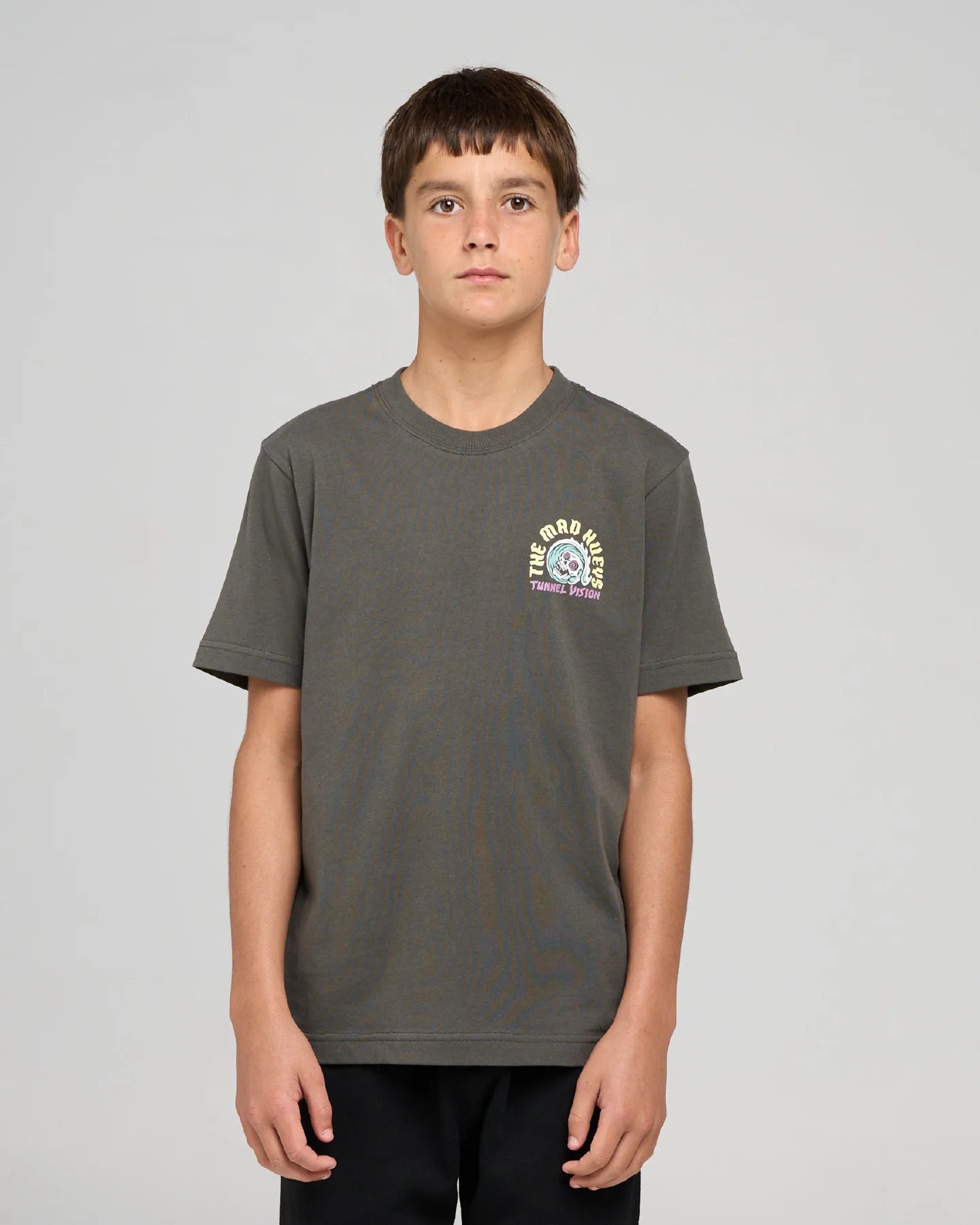 THE MAD HUEYS TUNNEL VISION YOUTH FISHING TEE CHARCOAL COTTON KIDS SURF TSHIRT