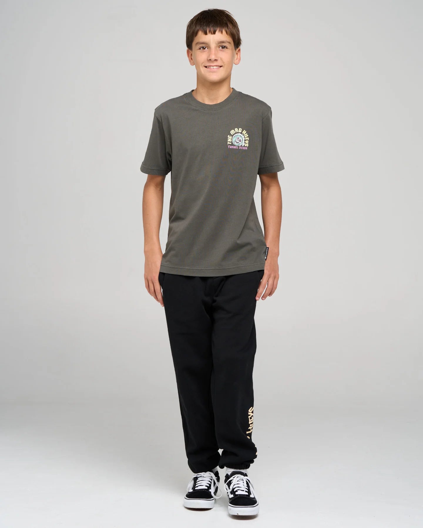 THE MAD HUEYS TUNNEL VISION YOUTH FISHING TEE CHARCOAL COTTON KIDS SURF TSHIRT