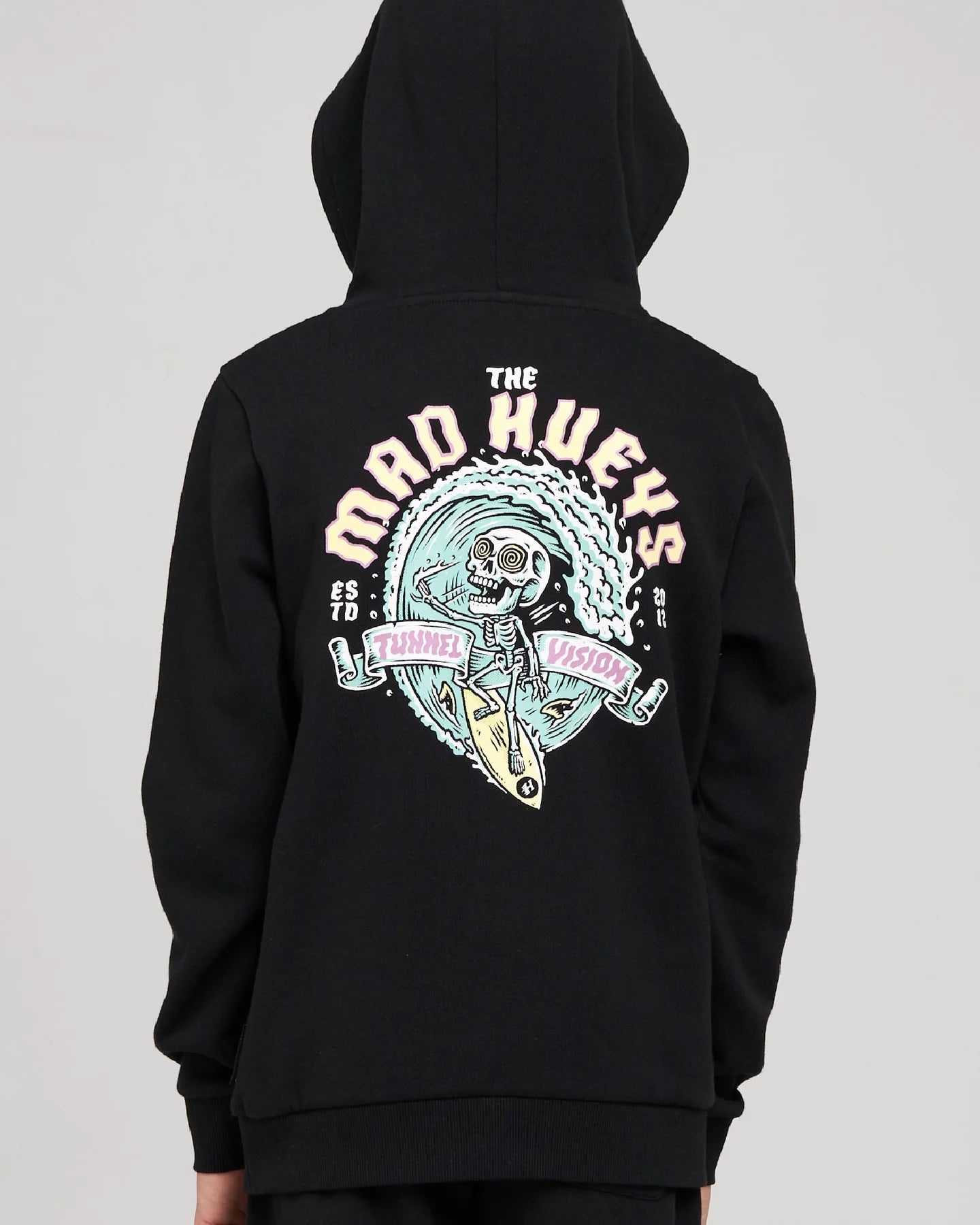 THE MAD HUEYS TUNNEL VISION YOUTH HOODED PULLOVER KIDS FLEECE HOODIE BLACK