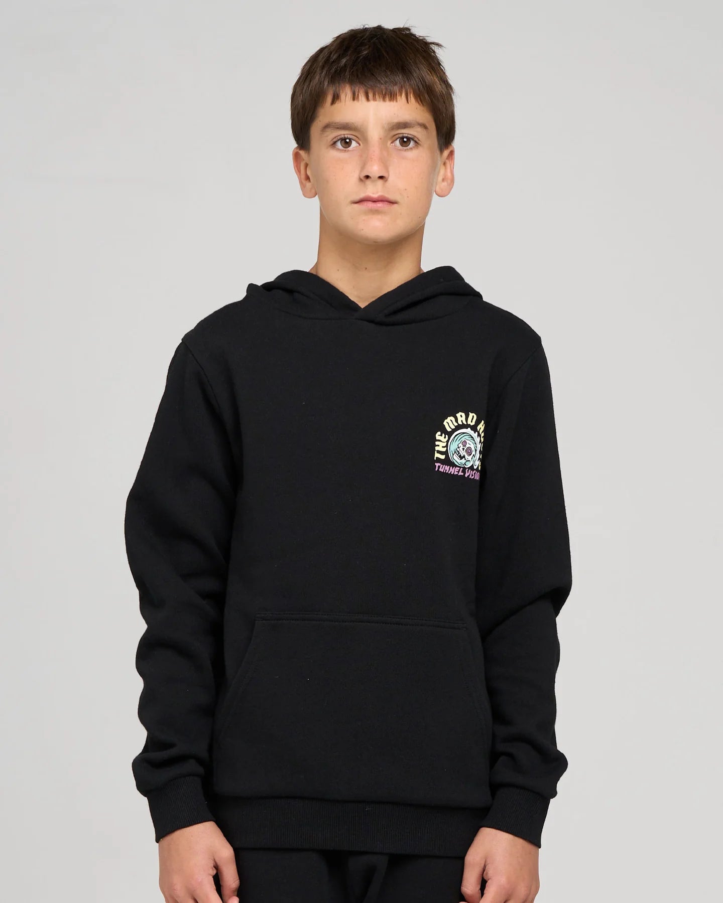 THE MAD HUEYS TUNNEL VISION YOUTH HOODED PULLOVER KIDS FLEECE HOODIE BLACK